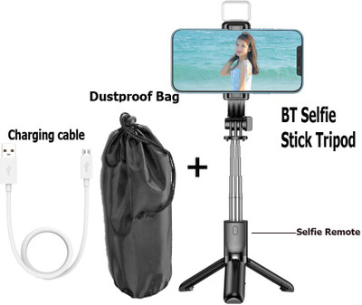 BUFONA Wireless Remote Control Selfie Stick Tripod With Flash Light Gimbal Mobile Stand Tripod, Monopod, Monopod Kit, Tripod Ball Head, Tripod Bracket, Tripod Clamp, Tripod Kit(Black, Supports Up to 700 g)