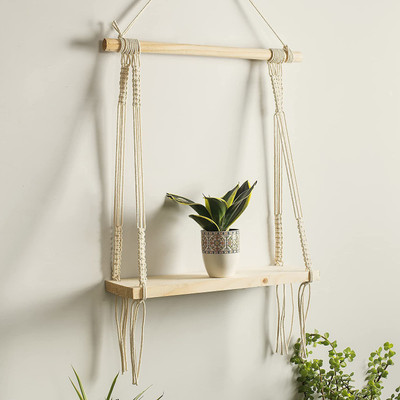Relooks mart Macrame Wall Hanging Shelf Wood Floating Boho Shelves with Wooden(Ivory(White))