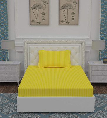 Kawi 200 TC Satin Single Striped Fitted (Elastic) Bedsheet(Pack of 1, Yellow)