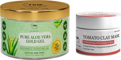TNW - The Natural Wash Tomato Clay Mask & Pure Aloe Vera Gold Gel for Naturally Glowing Skin | Remove Blackheads & Moisturizes Skin(2 Items in the set)