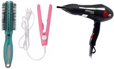 HINSHITSHU Round Roller Comb With Professional Hair Dryer CH 2800 ( 2000 w ) & Portable mini Hair Straightner(3 Items in the set)