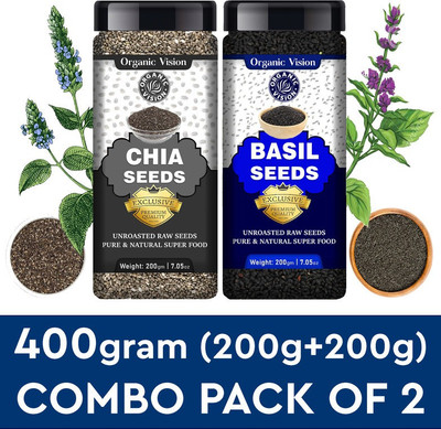 Organic Vision Combo Of Chia Seeds and Basil Seeds/Sabja/Bapchi - RAW (Super Seeds) Chia Seeds, Basil Seeds(2 x 200 g)