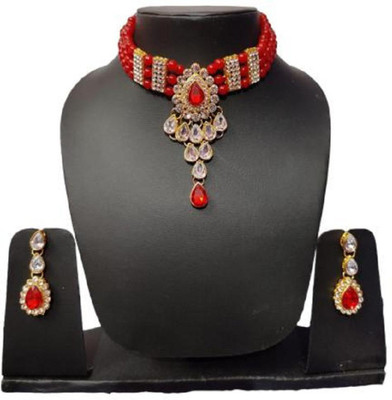 jatin imitation Metal, Stone Gold-plated Red, White Jewellery Set(Pack of 1)