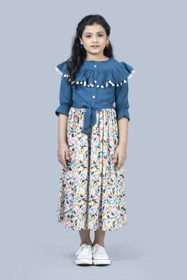 Fashion Dream Girls Calf Length Casual Dress(Blue, 3/4 Sleeve)