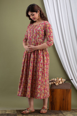 ashraj Women Fit and Flare Maroon Midi/Calf Length Dress