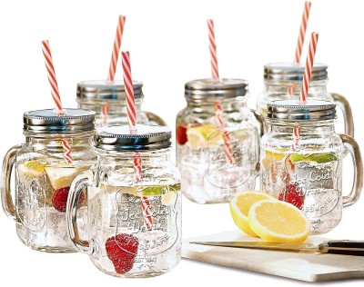 Lexiwells India Random Design Mason Glass Jar with Handle, Lid and Straw for Any Beverage Glass Mason Jar(500 ml, Pack of 6)