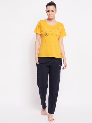 Big Bear Women Solid, Printed Yellow, Black Top & Pyjama Set