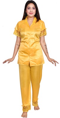 Avyay Women Solid Yellow Shirt & Pyjama set