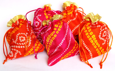 BERRYCRAVE Jaipuri Bandhej Print Fabric Drawstring POTLI (16 X 12.5 CM) X FIVE - MIX COLOUR Potli(Pack of 5)