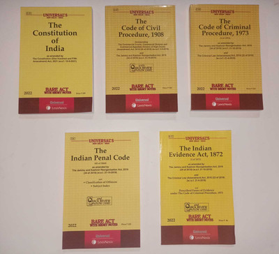 Mega Combo Of 5 Books The Constitution Of India Bare Act , The Indian Penal Code Bare Act ,The Evidence Act 1872, The Code Of Criminal Procedure 1973, The Code Of Civil Procedure 1908 Bare Act With State Amendments And Short Notes (Paperback In English) (Latest Edition 2022)(Paperback, Universal) Mega Combo Of 5 Books The Constitution Of India Bare Act , The Indian Penal Code Bare Act ,The Evidence Act 1872, The Code Of Criminal Procedure 1973, The Code Of Civil Procedure 1908 Bare Act With State Amendments And Short Notes (Paperback In English) (Latest Edition 2022)(Paperback, Universal)