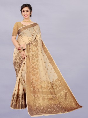 WEYLIN Printed, Self Design, Woven, Floral Print Banarasi Jacquard, Cotton Silk Saree(Cream)