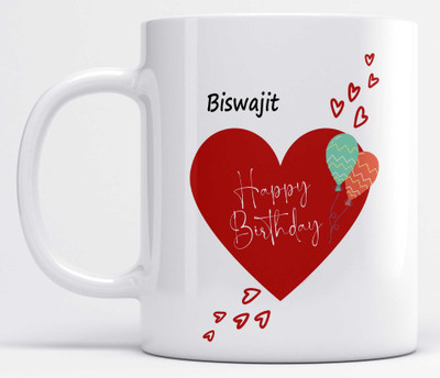 LOROFY Name Biswajit Printed Happy Birthday Heart Design Ceramic Coffee Mug(325 ml)