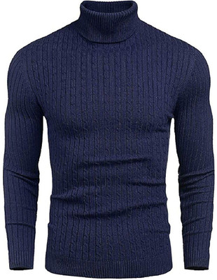 Clothify Woven Turtle Neck Casual Men Dark Blue Sweater