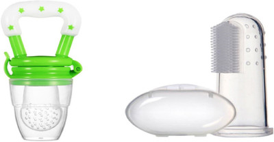 smilykid Baby Fruit Food Teether Soother + Baby Soft Bristle Silicone Finger Brush & Case Teether(GREEN STAR)