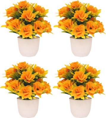 NERAPI Sunshine Yellow Rose 4 Piece Flower Plant Set For Perfect Decoration, Wild Artificial Plant  with Pot(17.78 cm, Yellow)