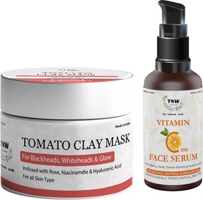 TNW - The Natural Wash Tomato Clay Mask & Vitamin C Face Serum | For Reducing Blackheads, Whiteheads & Tanning | With Tomato Extract(2 Items in the set)