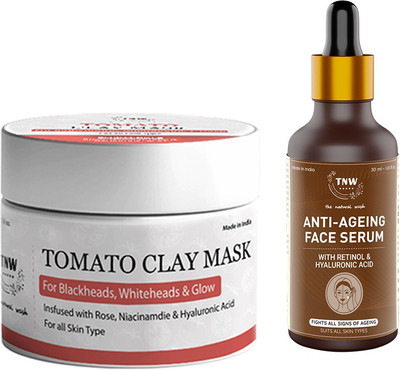 TNW - The Natural Wash Tomato Clay Mask & Anti-Ageing Face Serum with Niacinamide | For Healthy & Younger-Looking Skin | Skincare Combo(2 Items in the set)