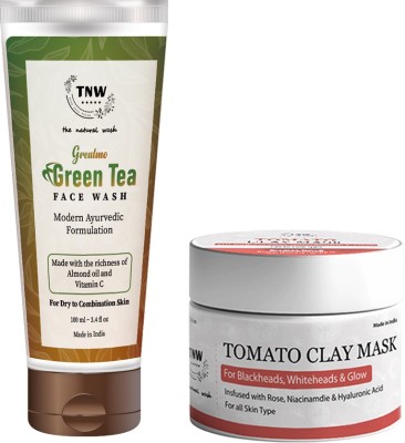 TNW - The Natural Wash Tomato Clay Mask & Green Tea Face Wash with Nourishing Ingredients | For Removing Whiteheads, Blackheads & Dryness(2 Items in the set)