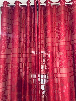 Saanvi Creations 152 cm (5 ft) Net Semi Transparent Window Curtain Single Curtain(Floral, Maroon)