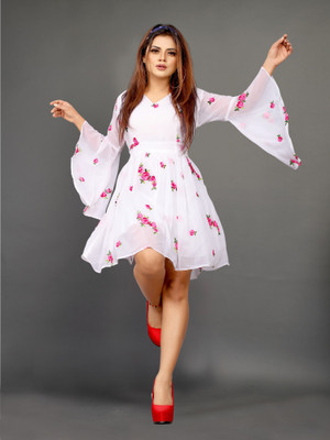 Aika Women Fit and Flare White Above Knee/Mid Thigh Length Dress
