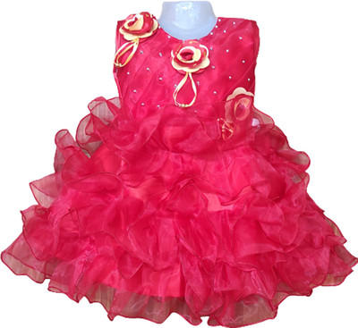 Maruf Baby Girls Midi/Knee Length Festive/Wedding Dress(Red, Sleeveless)
