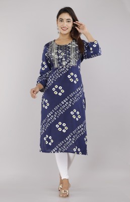 MF HAYAT Women Embroidered Straight Kurta(Blue)