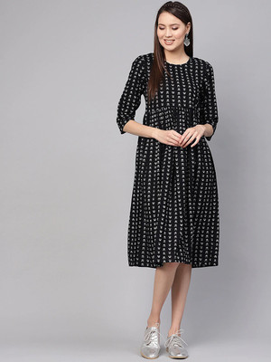 The Attire Destination Women Printed Flared Kurta(Black)