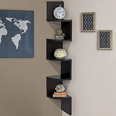MYLACREATION Zigzag Corner Wall Mount Shelf /Racks and Shelves/Wall Shelf Wooden Wall Shelf(Number of Shelves - 5, Black)