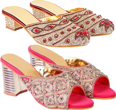 Zionk Women Heels(Pink, Gold, Red , 12)