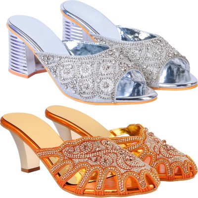 Zionk Women Heels(Gold, Orange, Silver , 6)