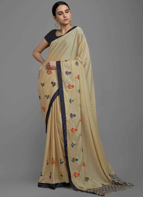 HIRVA Embroidered, Solid/Plain Bollywood Georgette, Satin Saree(Beige)