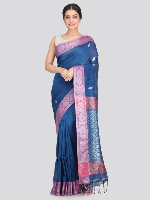 PinkLoom Woven Handloom Linen Saree(Blue)