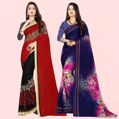 Anand Sarees Floral Print Bollywood Georgette Saree(Pack of 2, Red, Blue, Pink)