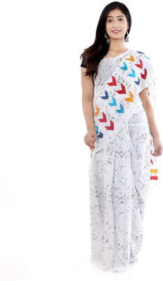 NIKHILAM Printed Handloom Pure Cotton Saree(White)