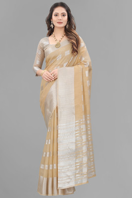 Satani enterprise Self Design Chanderi Cotton Linen Saree(Cream)