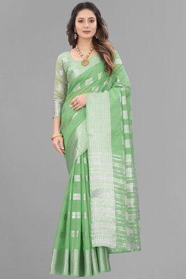 Satani enterprise Self Design Chanderi Cotton Linen Saree(Green)