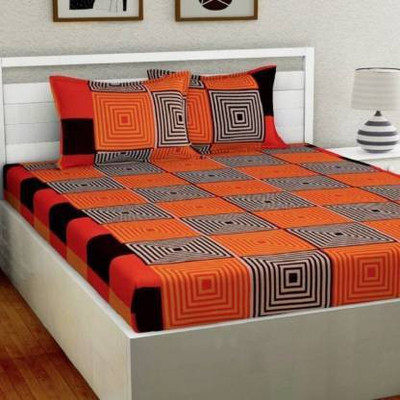 ANIKA CREATION 140 TC Microfiber Double Checkered Flat Bedsheet(Pack of 1, Orange)