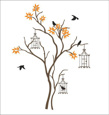 décor nirmal 91 cm Tree with Birds and Cages Wall Sticker For Livingroom,Bedroom [91C123CM] Self Adhesive Sticker(Pack of 1)