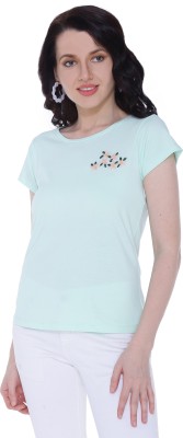 Autumn Hues Embroidered Women Round Neck Green T-Shirt