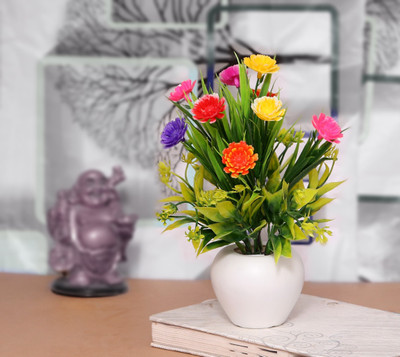 GOVIC Multi Color Flower With Green Leaf Natural Wild Flower | Multicolor Wild Flower Artificial Flower  with Pot(8 inch, Pack of 1, Flower with Basket)