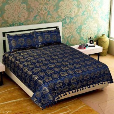 ANIKA CREATION 180 TC Viscose, Microfiber Double Embroidered Flat Bedsheet(Pack of 1, Navy Blue)