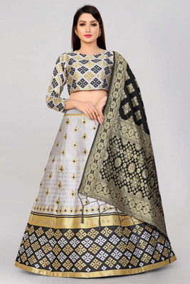 SHREE CREATION Printed Semi Stitched Lehenga Choli(White, Black)
