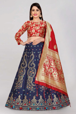 SHREE CREATION Self Design Semi Stitched Lehenga Choli(Blue, Red)