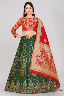 SHREE CREATION Self Design Semi Stitched Lehenga Choli(Dark Green)