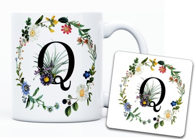 The Kamy Alphabet letter Q in floral design Ceramic Coffee mug with Free Tea Coaster. Ceramic Coffee Mug(350 ml)