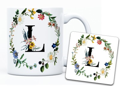 The Kamy Alphabet letter L in floral design Ceramic Coffee mug with Free Tea Coaster. Ceramic Coffee Mug(350 ml)