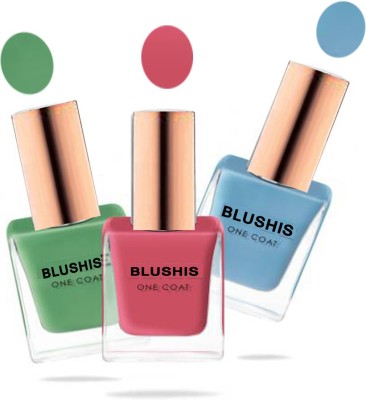 BLUSHIS High shine Nail Polish combo 3 Pickle Green -, Sky Blue - Coral Sunset multicolour(Pack of 3)