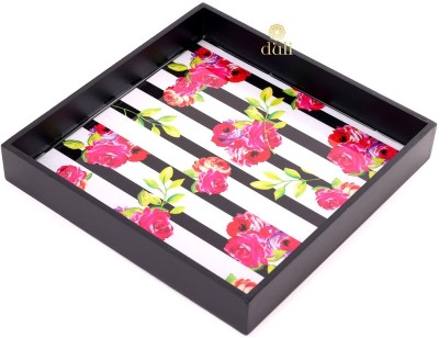 DULI Premium MDF Printed DECO Serving Tray for Home & Kitchen | Multipurpose Tray for Dining Table Home Office Café Bar Multipurpose Use | Table Décor Kitchen Serveware Tray for Snacks, Water, Accessories | Bedside Tray | Coffee Table tray (Dark Pink Flowers with Stripes 10x10) Tray
