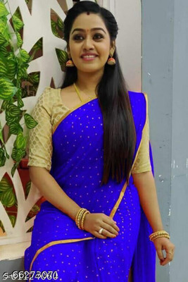 Prutha Fashions Self Design Bollywood Chiffon Saree(Blue)