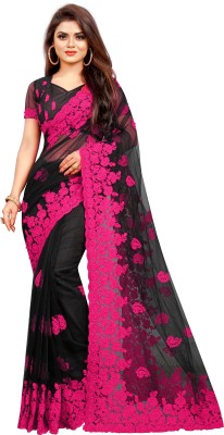 YARA CREATION Embroidered Bollywood Net Saree(Black, Pink)